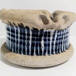 Potter Dish Ashtray Blue White Checkered Stripe Unqiqe Vintage